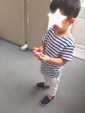 「ORCIVAL（オーシバル）の【ORCIVAL】キッズコットンロードボーダーバスクシャツ（Tシャツ/カットソー、ホワイト系）」を使った、♡hachi♡さん（キッズ・110cm）の春コーディネート