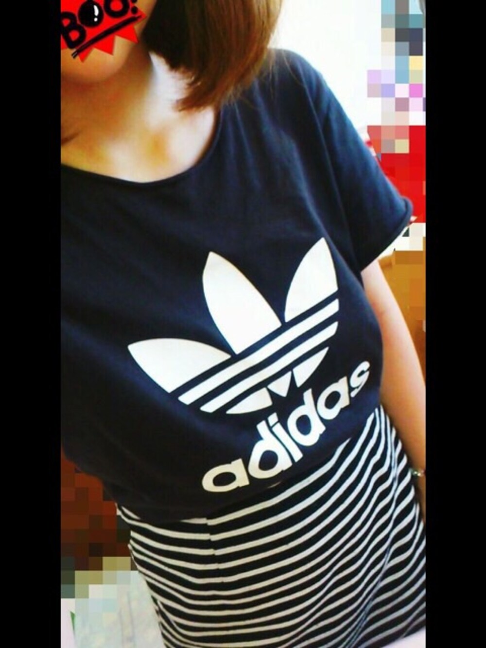 「アディダス、アディダス(adidas)、タイトスカート、ペンシルスカート、ストライプ、ボーダー」｜「adidasのアイテム（Tシャツ/カットソー、ブラック系）」を使った、まぴたんさん（レディース・156cm）の春コーディネートの1枚目の写真