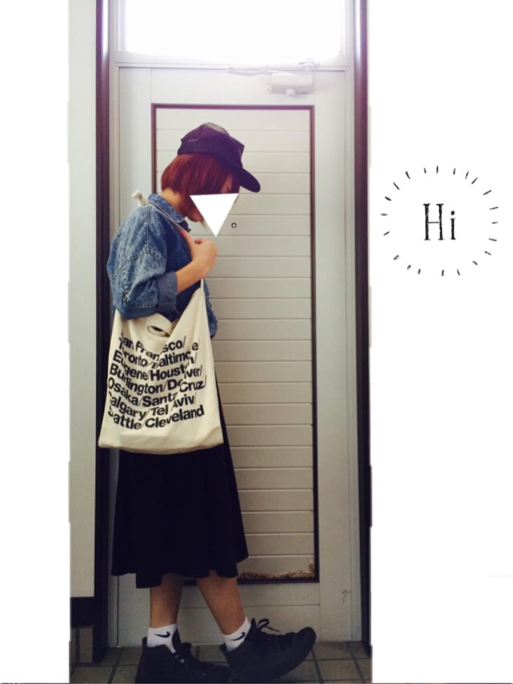 「NIKE、キャップ、デニムシャツ、ロングスカート、American Apparel、トートバッグ、白ソックス、スニーカー」｜「39martのアイテム（キャップ、ブラック系）」を使った、まぴたんさん（レディース・156cm）の秋コーディネートの1枚目の写真