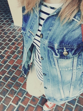 「MOUSSY（マウジー）のCHUNKY fusion JK（デニムジャケット、ブルー系）」を使った、maho!さん（レディース・153cm）の春コーディネート
