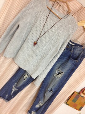 「MAJESTIC LEGON（マジェスティックレゴン）のアイテム（デニムパンツ、ブルー系）」を使った、かぼさん（レディース・168cm）の秋コーディネート