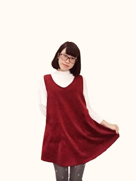 「アイテム（チュニック、レッド系）」を使った、ting tingさん（レディース・155cm）の冬コーディネート