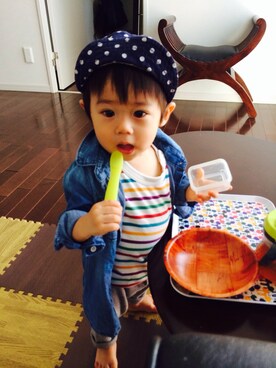 「PETIT BATEAU（プチバトー）のアイテム（チノパンツ）」を使った、Rchanさん（キッズ・70cm）の秋コーディネート