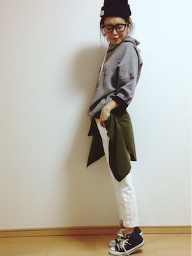 「アイテム（ニットキャップ/ビーニー、ブルー系）」を使った、ikumi＊さん（レディース・159cm）の秋コーディネート