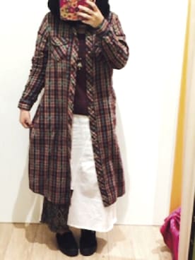 「アイテム（シャツワンピース、レッド系）」を使った、heyheyさん（レディース・156cm）の冬コーディネート