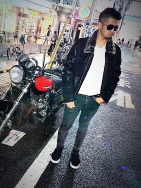 「EDWIN（エドウィン）のアイテム（ライダースジャケット）」を使った、Johnlloyd さん（メンズ・165cm）の冬コーディネート