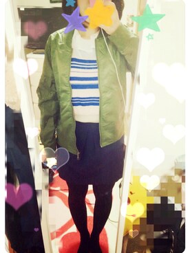 「w closet（ダブルクローゼット）のMA-1ブルゾン（トップス、グリーン系）」を使った、ほっぴさん（レディース・151cm）の春コーディネート