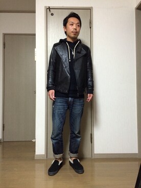 「YEVS（イーブス）のアイテム（ライダースジャケット）」を使った、じゅんぺ～さん（メンズ・170cm）の冬コーディネート