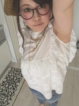 「Ungrid（アングリッド）のフレイドヘムストスリ（デニムパンツ）」を使った、渡辺麻衣さん（レディース・154cm）の夏コーディネート