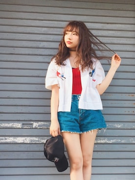 「I&ME（アイアンドミー）のアイテム（トップス）」を使った、村瀬紗英さん（レディース・159cm）の夏コーディネート