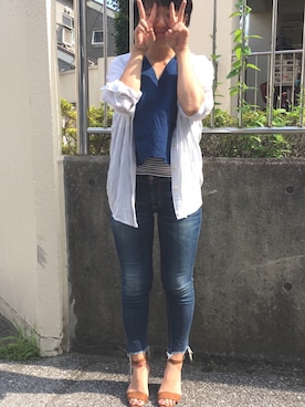 「デニムonデニム」｜「アイテム（オールインワン・サロペット）」を使った、Toshiko Okuzaraさん（レディース・153cm）の夏コーディネート