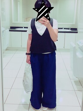 「サンダルに靴下」｜「アイテム（つなぎ/オールインワン）」を使った、Toshiko Okuzaraさん（レディース・153cm）の夏コーディネート