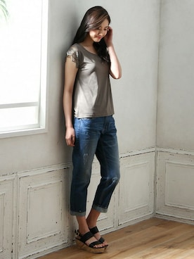 「Honeys（ハニーズ）のダメージボーイズパンツ（パンツ・スキニー）」を使った、ハニーズさん（レディース・160cm）の夏コーディネート