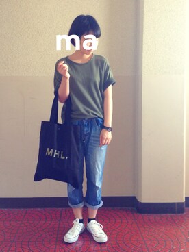 「MARGARET HOWEEL」｜「アイテム（アナログ腕時計）」を使った、maaa。さん（レディース・154cm）の秋コーディネート