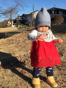 「アイテム（チュニック、レッド系）」を使った、りんさん（レディース・80cm）の冬コーディネート