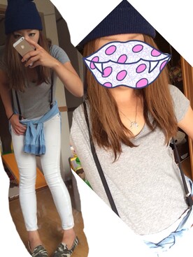 「AZUL by moussy（アズールバイマウジー）のアイテム（Tシャツ/カットソー、グレー系）」を使った、りおさん（レディース・163cm）の夏コーディネート