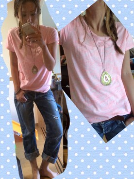 「GAP（ギャップ）のアイテム（Tシャツ/カットソー、ピンク系）」を使った、りおさん（レディース・163cm）の秋コーディネート
