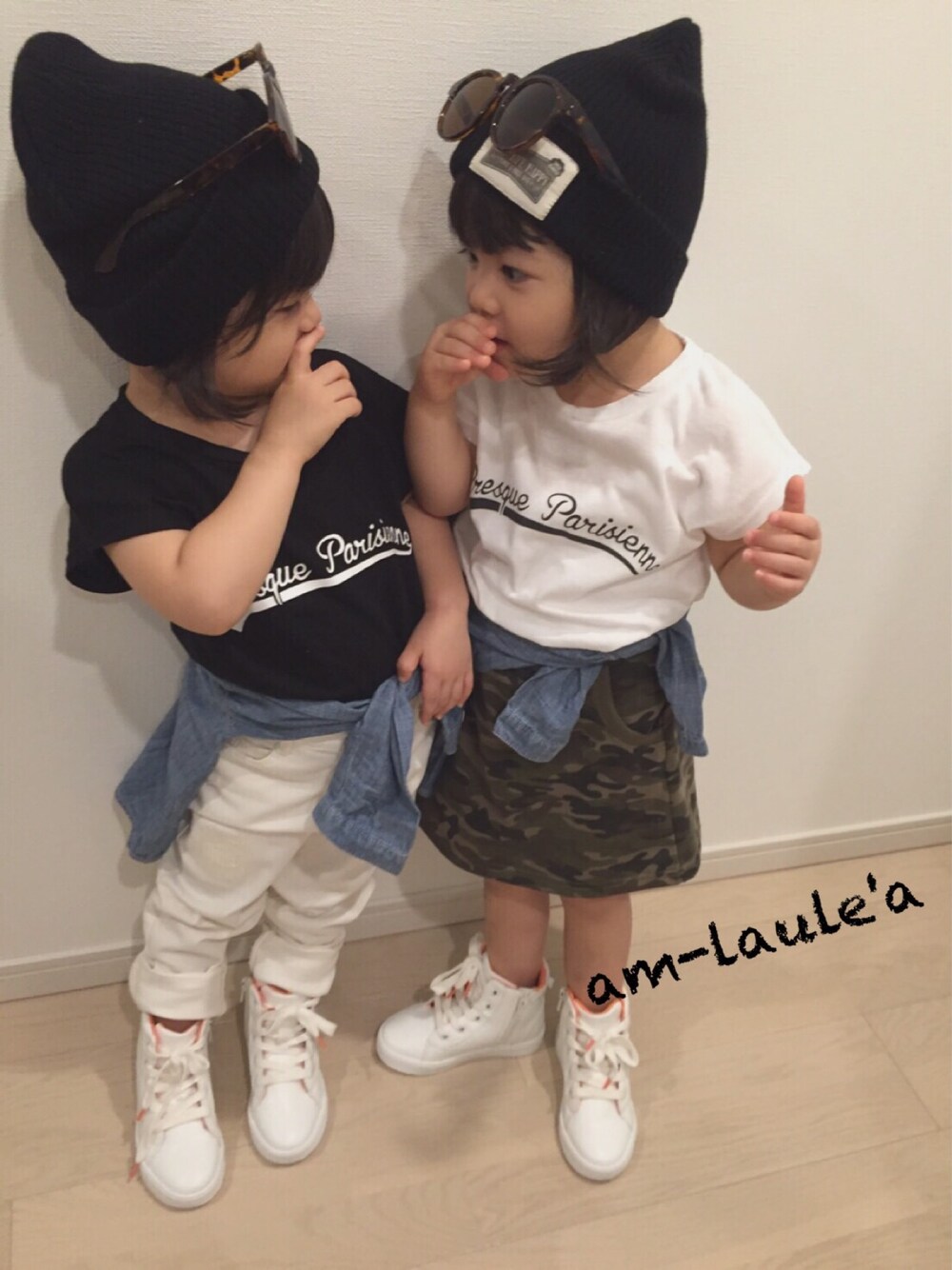 「キッズコーデ、今日のコーデ、キッズファッション、女の子、子供服、韓国子供服、プチプラ」｜「am laule'aのアイテム（Tシャツ/カットソー、ホワイト系）」を使った、アム ラウレアさん（キッズ・90cm）の秋コーディネートの1枚目の写真