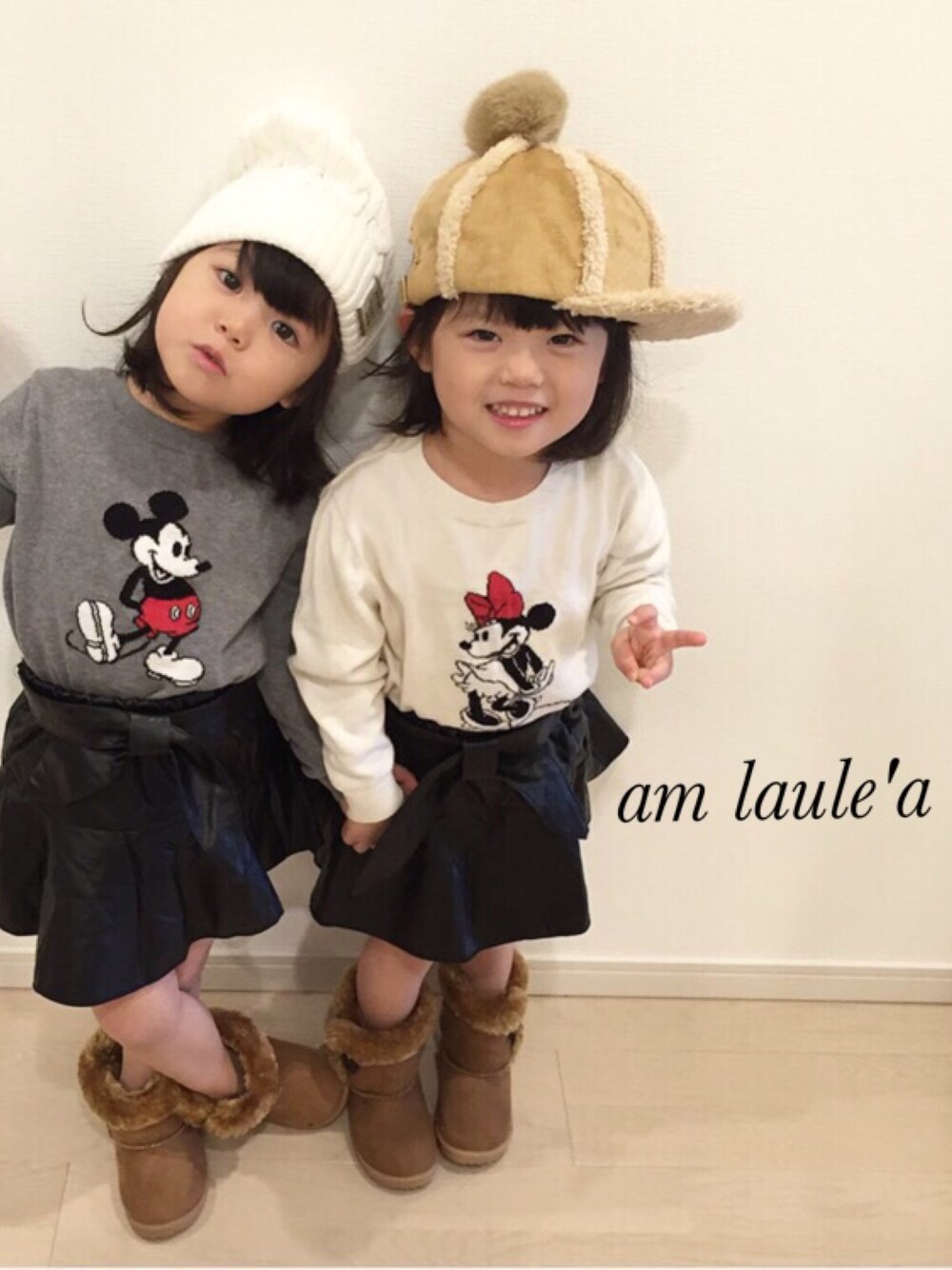 「プチプラコーデ、韓国子供服、女の子、キッズファッション、レザースカート、冬コーデ」｜「am lauleaのアイテム（スカート、ブラック系）」を使った、アム ラウレアさん（キッズ・100cm）の秋コーディネートの1枚目の写真