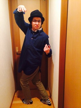 「ボーダーソックス」｜「アイテム（ダウンジャケット/コート）」を使った、chinさん（メンズ・172cm）の冬コーディネート