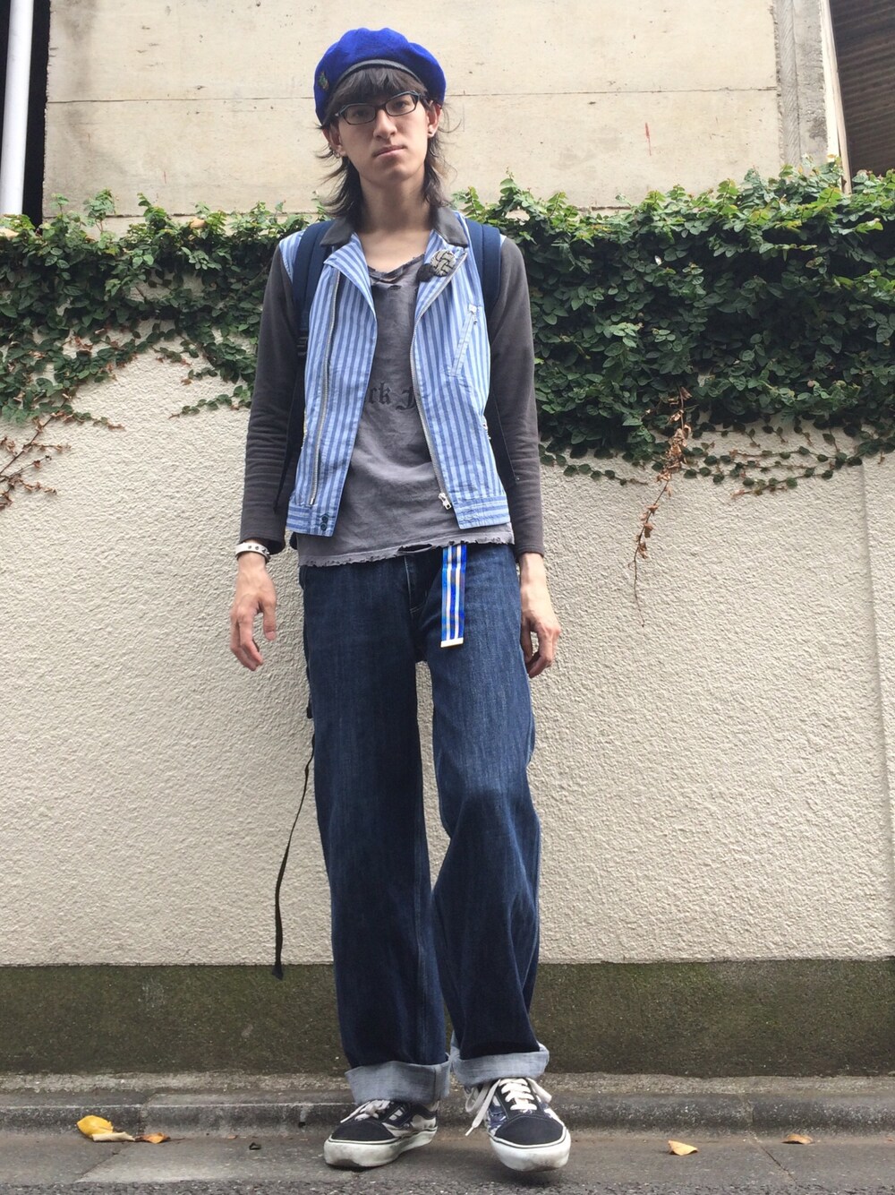 「シンプルコーデ、夏、オトナカジュアル、ネオンサイン、neonsign、carhartt、ライダース、ストライプ」｜「NEONSIGNのアイテム（シャツ/ブラウス、ブルー系）」を使った、やんねさん（メンズ・180cm）の夏コーディネートの1枚目の写真