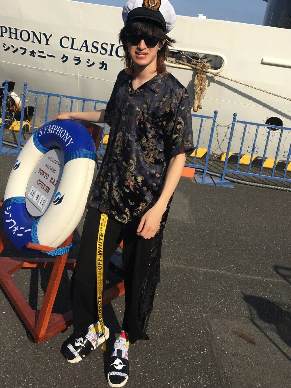 「カジュアルコーデ、夏コーデ、シャツ、オトナカジュアル、古着、vintage、和柄、OFF-WHITE、オフホワイト、ガチャベルト」｜「off-whiteのアイテム（ベルト、イエロー系）」を使った、やんねさん（メンズ・180cm）の秋コーディネートの1枚目の写真