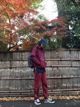 「SAYHELLO（セイハロー）のアイテム（キャップ）」を使った、やんねさん（メンズ・180cm）の冬コーディネート