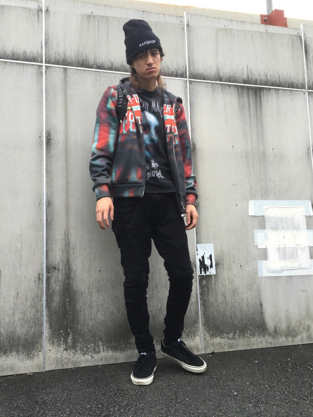 「秋、ストリート、バイカーデニム、REPRESENT、JUUN.J、マリリンマンソン、marilyn manson、オールドスクール」｜「JUUN.Jの15aw（パーカー、その他）」を使った、やんねさん（メンズ・180cm）の秋コーディネートの1枚目の写真