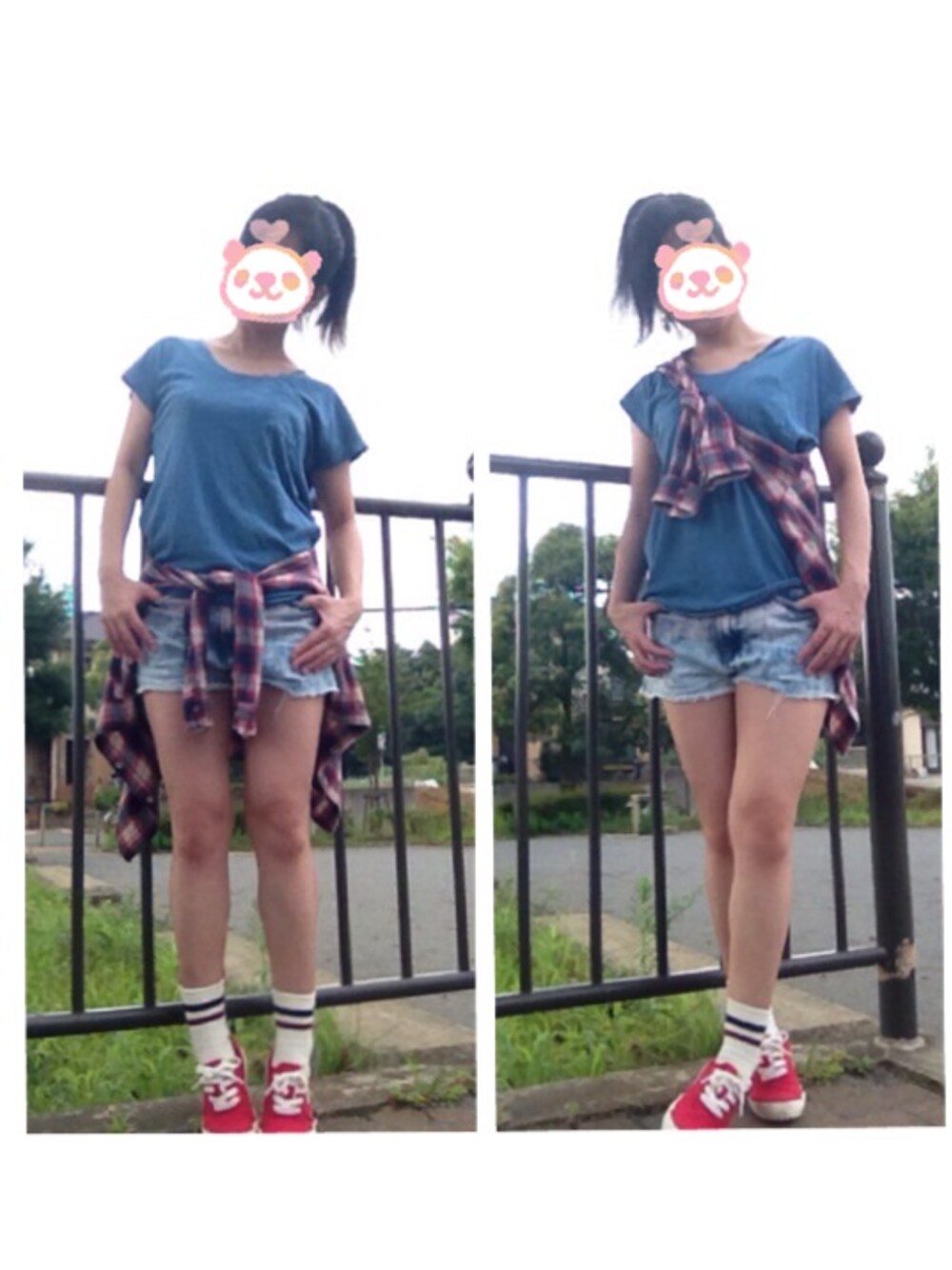 その他のデニムパンツ、レッド系のスニーカーを着用したレディースの夏コーディネートの1枚目の写真