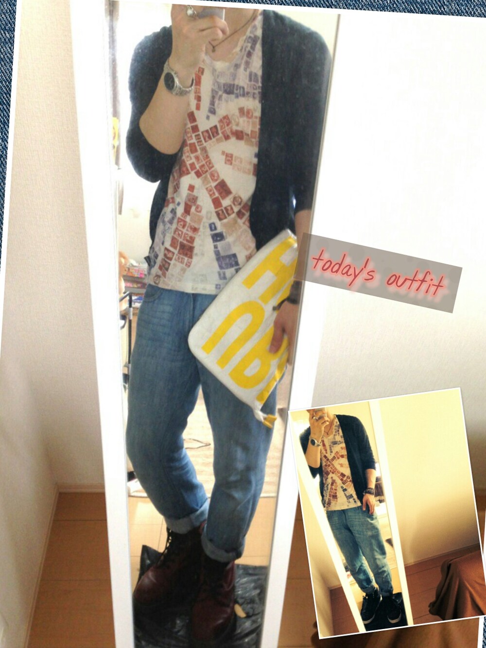 「星柄、スニーカーコーデ、ユニクロ、総柄トップス、総柄Tシャツ、部屋撮り」｜「KATHARINE HAMNETT LONDON のグラフィックＴ(KATHARINE HAMNETT)（Tシャツ/カットソー、ホワイト系）」を使った、UNIchiroさん（メンズ・172cm）の夏コーディネートの1枚目の写真
