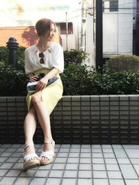 「Balcony and Bed（バルコニーアンドベッド）のサマーツイードペンシルスカート（スカート、イエロー系）」を使った、maedaさん（レディース・158cm）の春コーディネート