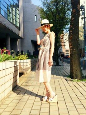 「Balcony and Bed（バルコニーアンドベッド）のローン＆ストライプワンピース（ワンピース、ベージュ系）」を使った、maedaさん（レディース・158cm）の春コーディネート