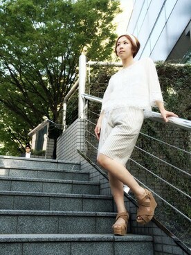 「Balcony and Bed（バルコニーアンドベッド）のコットンストライプハーフパンツ（その他パンツ、ホワイト系）」を使った、maedaさん（レディース・158cm）の春コーディネート