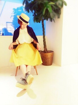 「Balcony and Bed（バルコニーアンドベッド）のブッチャーフレアスカート（スカート、イエロー系）」を使った、maedaさん（レディース・158cm）の春コーディネート