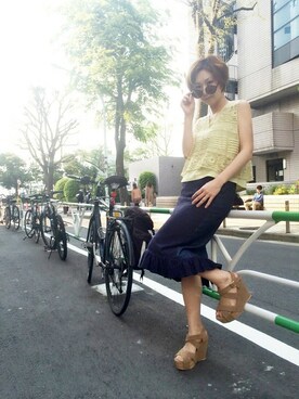 「Balcony and Bed（バルコニーアンドベッド）のコットンチュールレースノースリーブブラウス（シャツ/ブラウス、イエロー系）」を使った、maedaさん（レディース・158cm）の春コーディネート