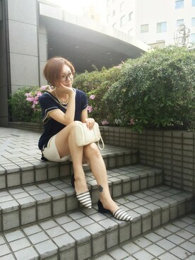 「Balcony and Bed（バルコニーアンドベッド）のトラッドロングニット（ニット/セーター、ブルー系）」を使った、maedaさん（レディース・158cm）の春コーディネート