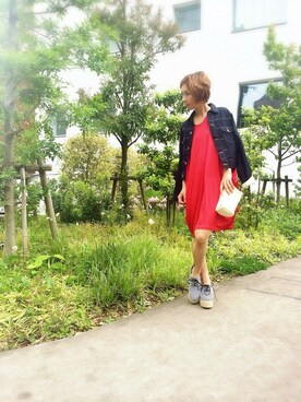 「Balcony and Bed（バルコニーアンドベッド）のジャージー×シルクサテンワンピース（ワンピース、レッド系）」を使った、maedaさん（レディース・158cm）の春コーディネート