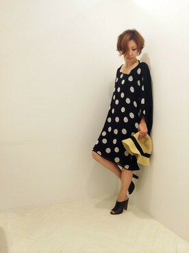 「Balcony and Bed（バルコニーアンドベッド）のシフォンオンドットワンピース（ワンピース、ブラック系）」を使った、maedaさん（レディース・158cm）の春コーディネート