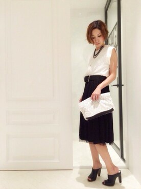 「Balcony and Bed（バルコニーアンドベッド）のドットチュールブラウス（シャツ/ブラウス、ホワイト系）」を使った、maedaさん（レディース・158cm）の夏コーディネート