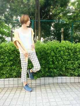 「Balcony and Bed（バルコニーアンドベッド）のコットンファインニットカーディガン（カーディガン/ボレロ、イエロー系）」を使った、maedaさん（レディース・158cm）の夏コーディネート