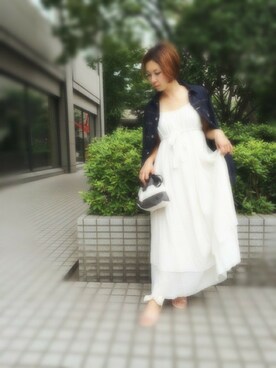 「Balcony and Bed（バルコニーアンドベッド）のコットンガーゼマキシワンピース（ワンピース、ホワイト系）」を使った、maedaさん（レディース・158cm）の夏コーディネート