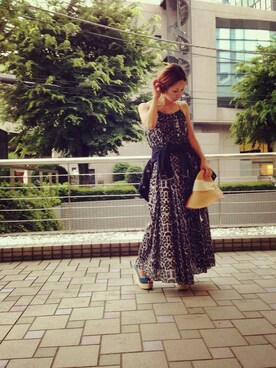 「Balcony and Bed（バルコニーアンドベッド）のレオパードプリントマキシキャミワンピース（ワンピース、ブラック系）」を使った、maedaさん（レディース・158cm）の夏コーディネート