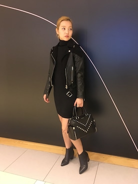「パーティースタイル」｜「アイテム（ライダースジャケット）」を使った、SHIHO_NOIさん（レディース・162cm）の冬コーディネート