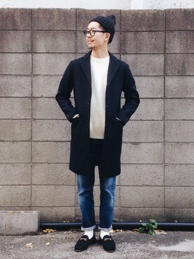 「ビットローファー」｜「アイテム（チェスターコート）」を使った、エグチさん（メンズ・175cm）の冬コーディネート