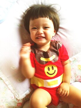 「no brand（ノーブランド）の天下のアンパンマン(*_*)（ロンパース、レッド系）」を使った、kikoさん（キッズ）の春コーディネート