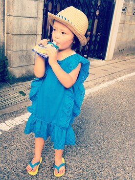「no brand（ノーブランド）のアイテム（ワンピース、ブルー系）」を使った、kikoさん（キッズ）の夏コーディネート