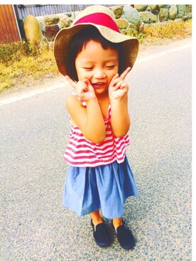 「GO TO HOLLYWOOD（ゴートゥーハリウッド）のアイテム（ハット、ベージュ系）」を使った、kikoさん（キッズ）の夏コーディネート