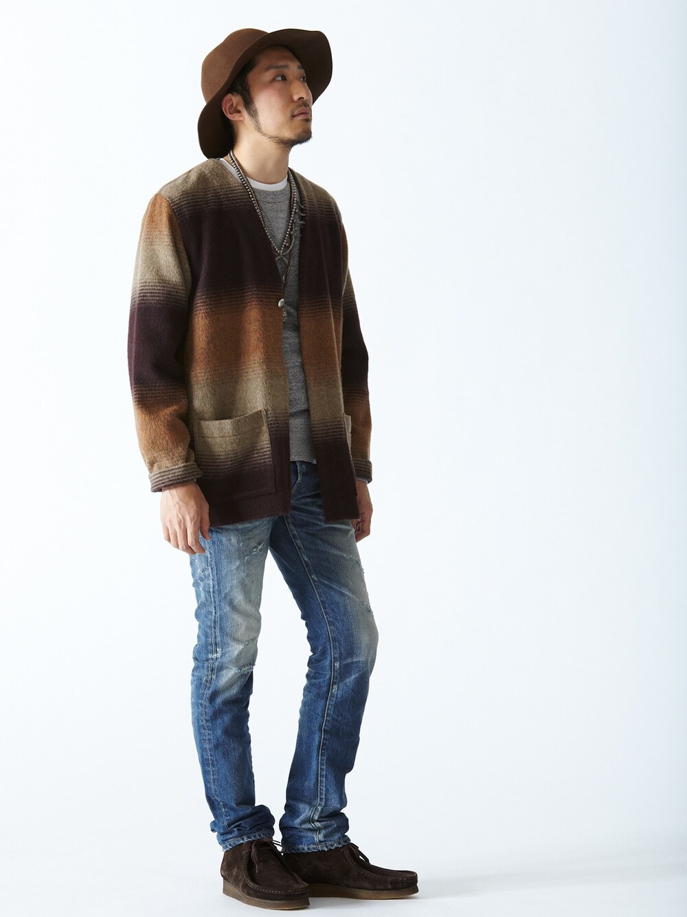 「BEAMS、orslow、redcard 、モカシン、NAJA、ツバ広ハット、indian jewelry、usedデニム、Native」｜「BEAMSのSBTRACT / クルースウェット（スウェット、グレー系）」を使った、佐藤嘉紀さん（メンズ・174cm）の秋コーディネートの1枚目の写真