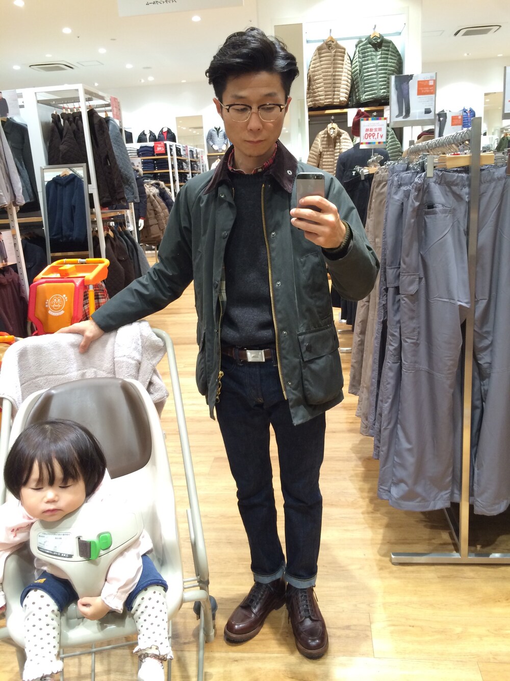 「barbour、バブアー、オイルドジャケット、Ralph Lauren、rrl、RED WING、UNIQLO、Hamilton、チェックシャツ、セーター」｜「Barbourの【Barbour(バブアー)】BEDALE SL（カバーオール、グリーン系）」を使った、NOSERIDERRR さん（メンズ・165cm）の秋コーディネートの1枚目の写真