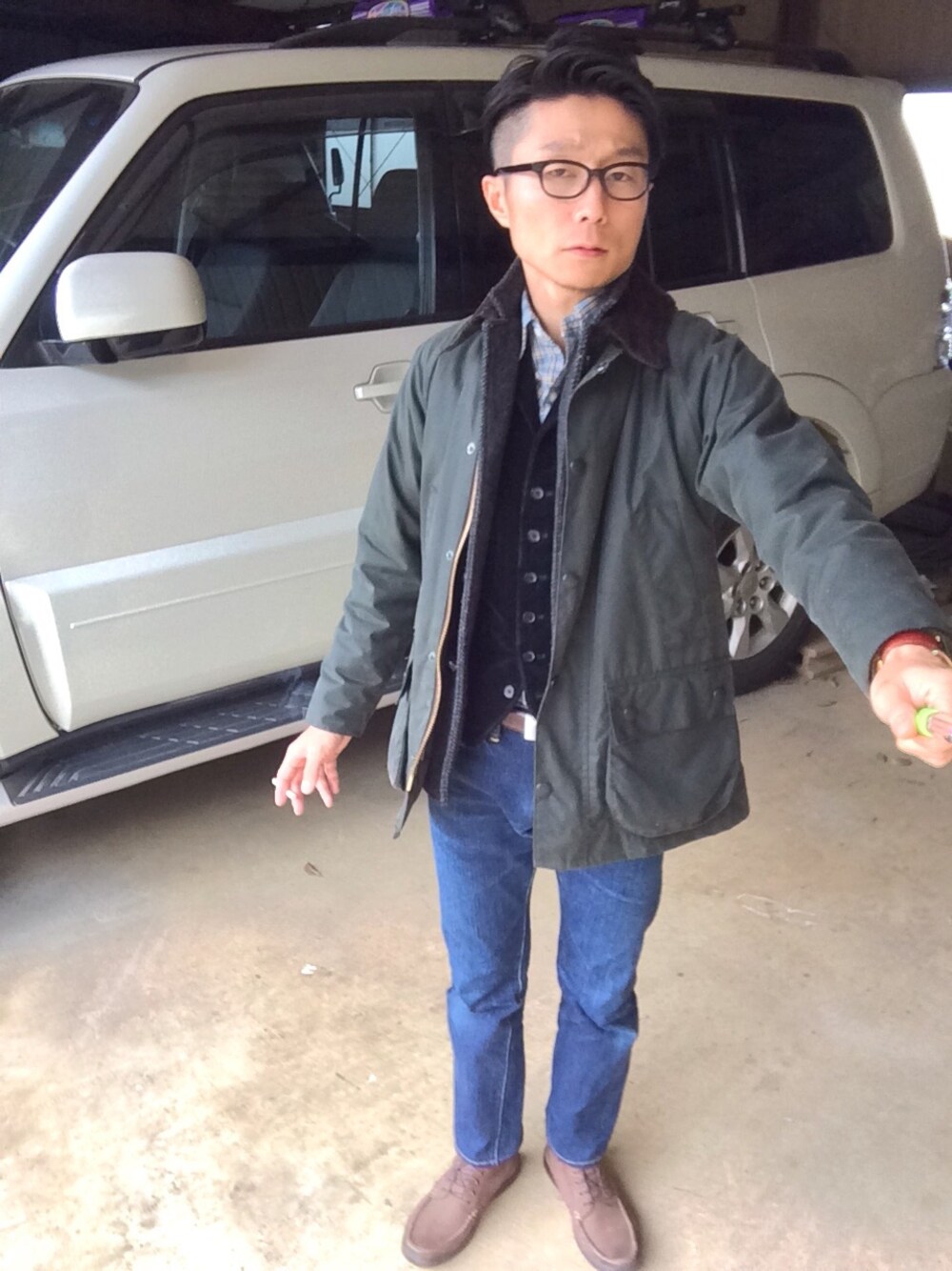 「barbour、Ralph Lauren、Hamilton、The Flat Head、Paraboot、オイルドジャケット、ラルフローレン、ベスト、ウールジャケット、rrl」｜「Barbourの【Barbour(バブアー)】BEDALE SL（カバーオール、グリーン系）」を使った、NOSERIDERRR さん（メンズ・165cm）の冬コーディネートの1枚目の写真